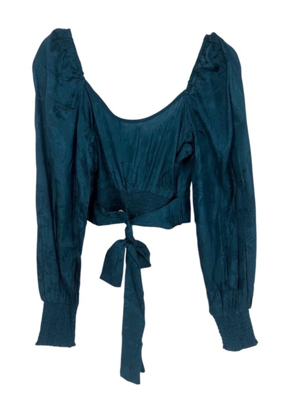 Band of the Free Top Small Teal Silk Jacquard Puff Sleeve Tie Front Crop Boho - Picture 2 of 6